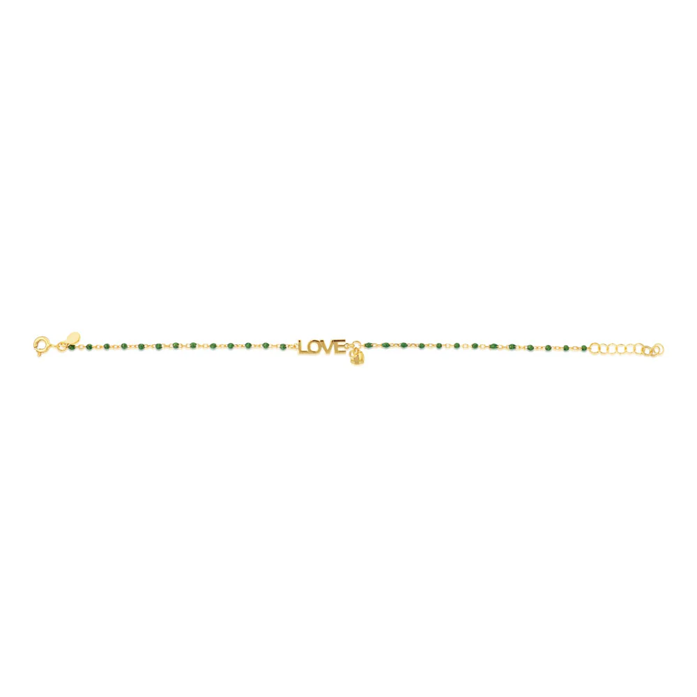 Sterling Silver Gold Plated Love Heart Charm Green Enamel Beads 17+2cm Bracelet - Image 2