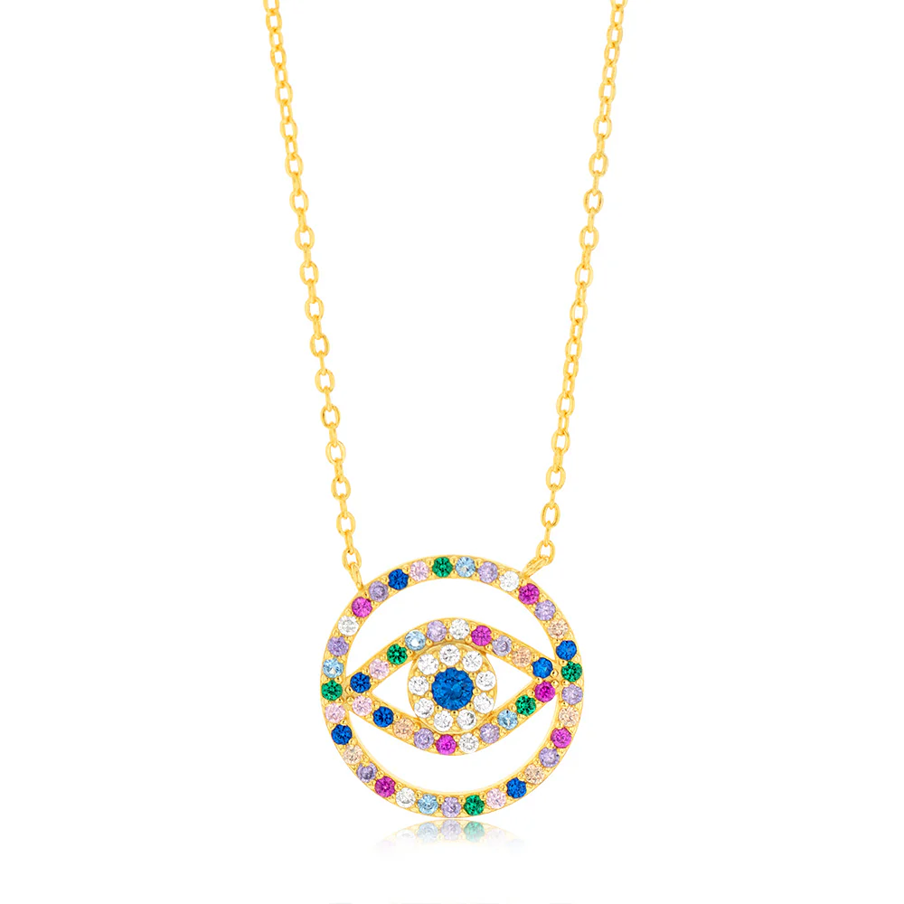 Sterling Silver Gold Plated Multicolour Zirconia Evil Eye Pendant on 45.7cm Chain