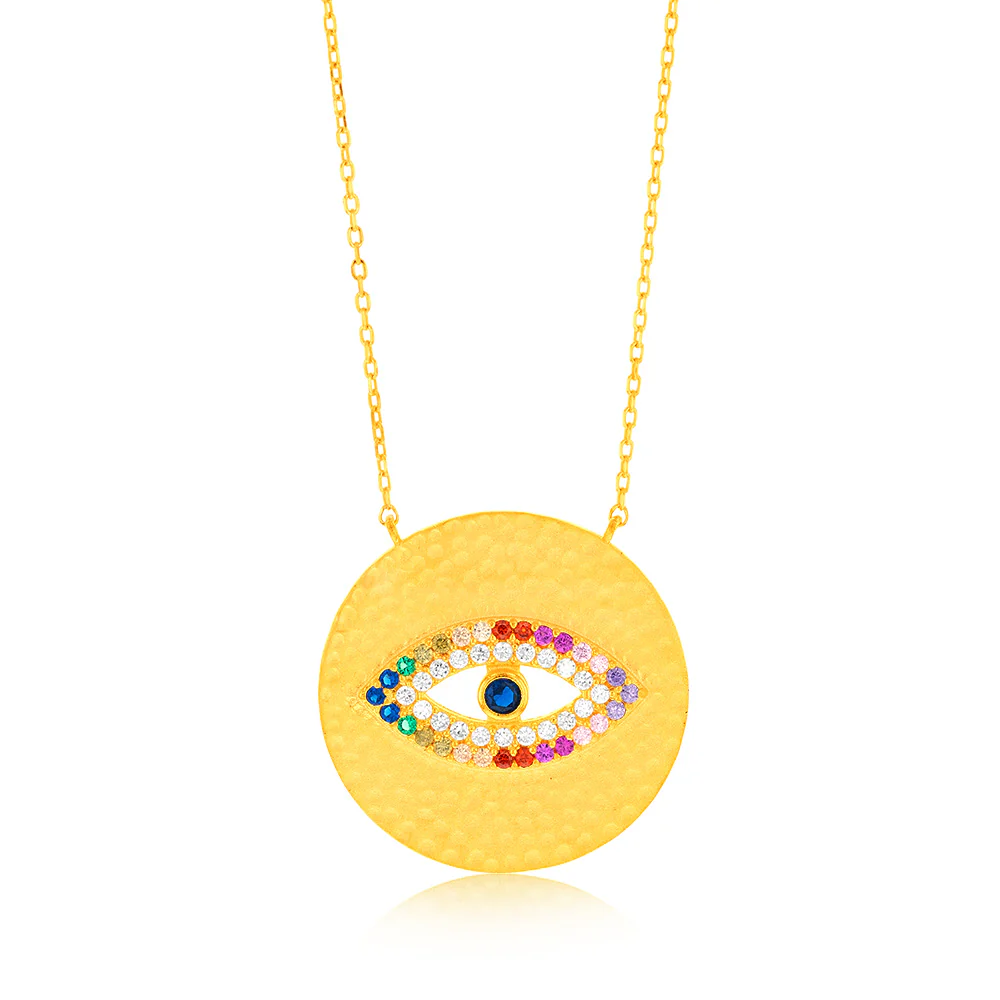 Sterling Silver Gold Plated Multicolour Zirconia Evil Eye Round Disc Pendant On 45cm Chain