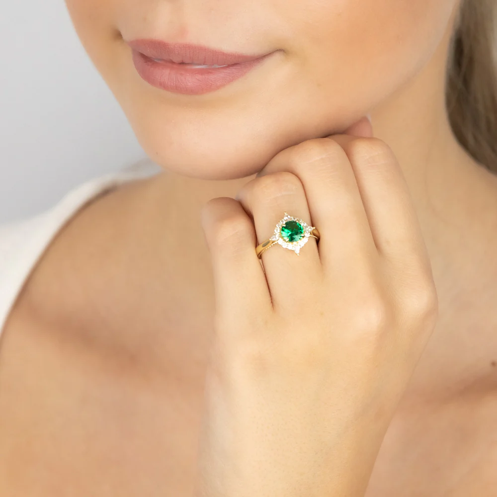Sterling Silver Gold Plated Nano Emerald And White Zirconia Fancy Ring - Image 3