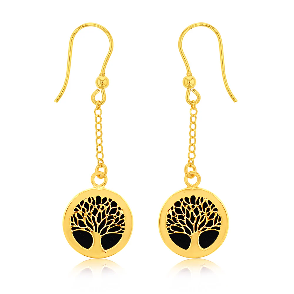 Sterling Silver Gold Plated Onix Tree Of Life Drop Earrings