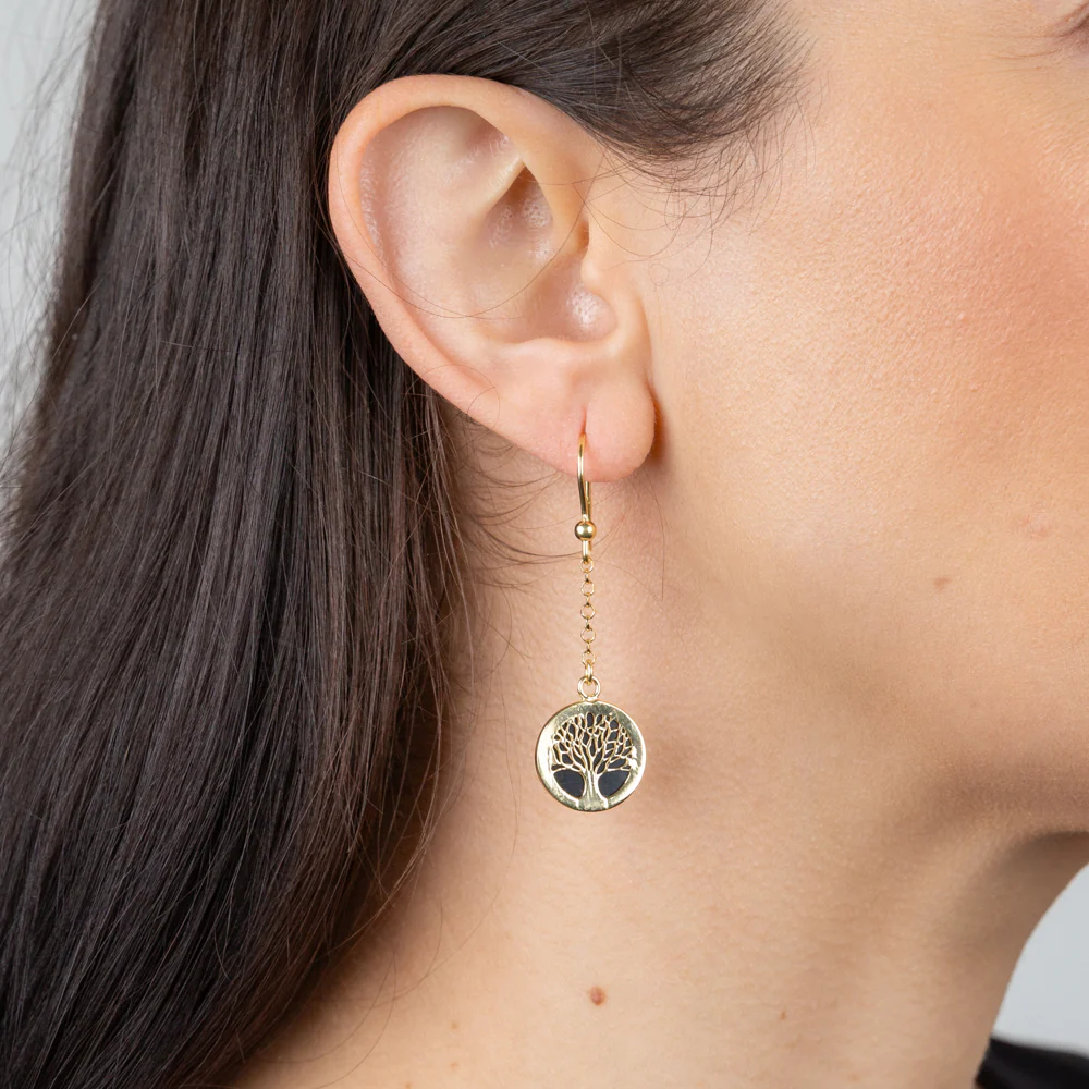 Sterling Silver Gold Plated Onix Tree Of Life Drop Earrings - Image 2