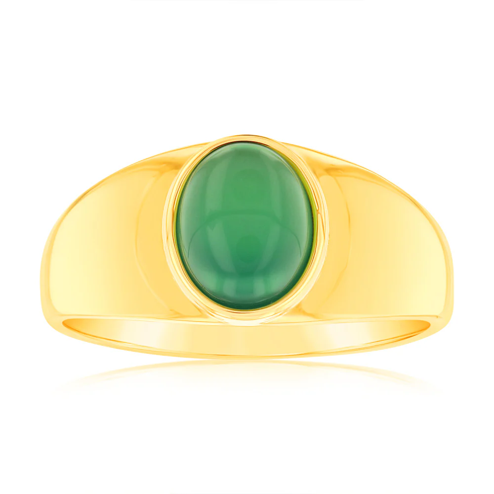 Sterling Silver Gold Plated Oval Created Green Agate Ring