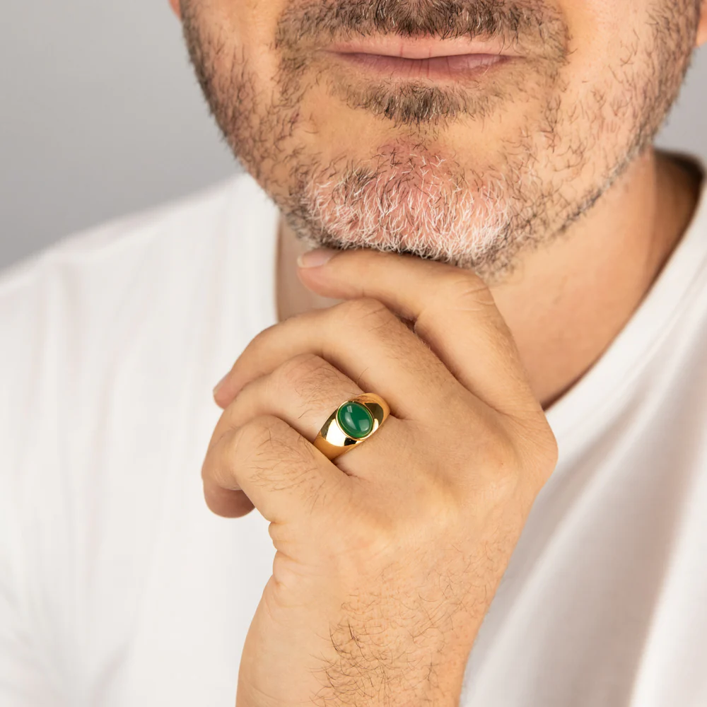 Sterling Silver Gold Plated Oval Created Green Agate Ring - Image 3