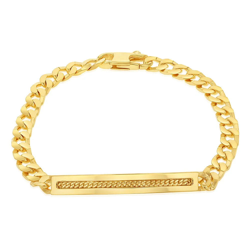 Sterling Silver Gold Plated Patterned ID Curb 19cm Bracelet