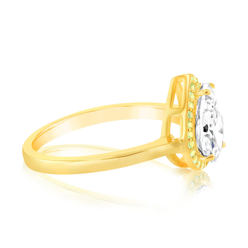Sterling Silver Gold Plated Pear Shaped Green And White Zirconia Ring - Image 2