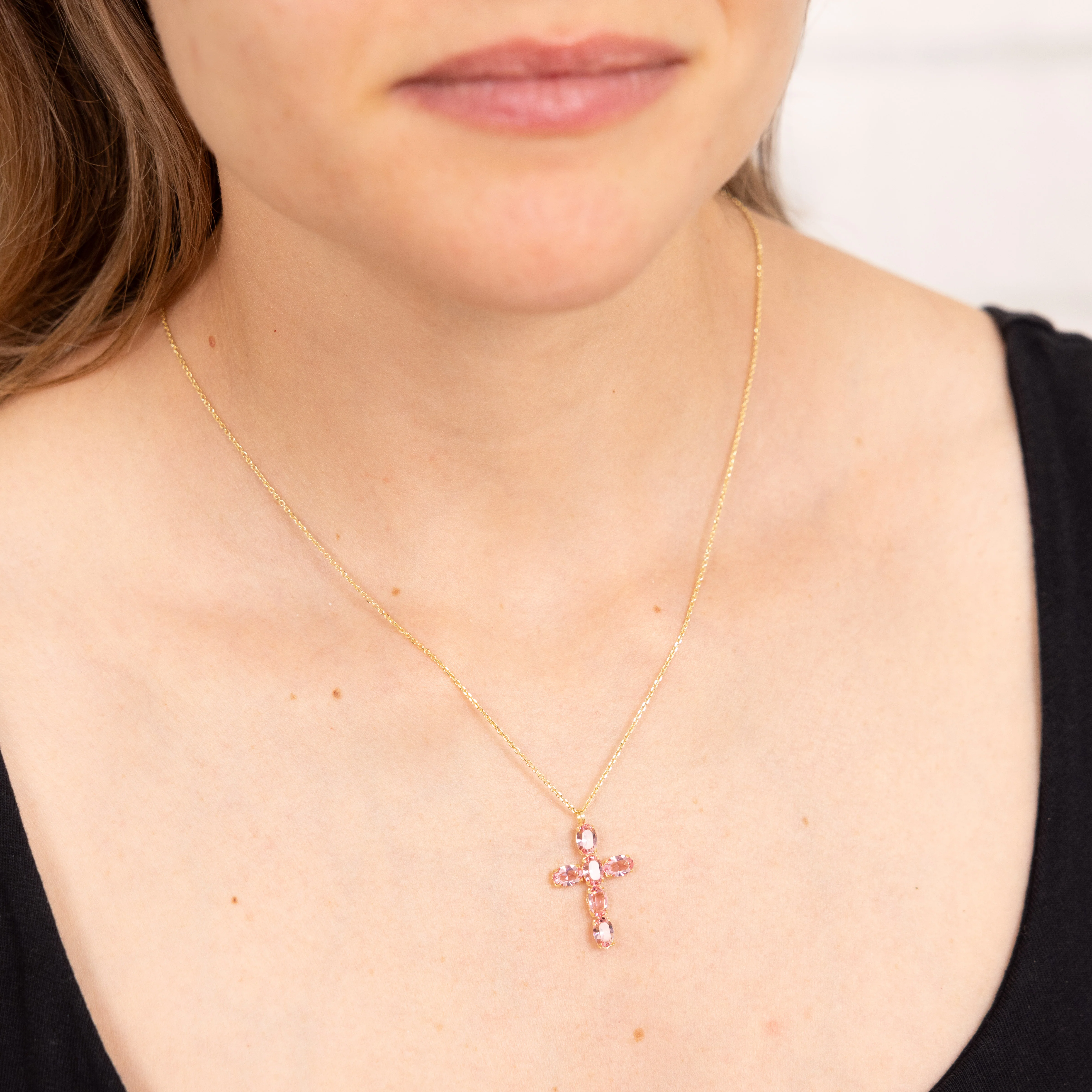 Sterling Silver Gold Plated Pink Crystal Fancy Cross Pendant On 42+3cm Chain - Image 2