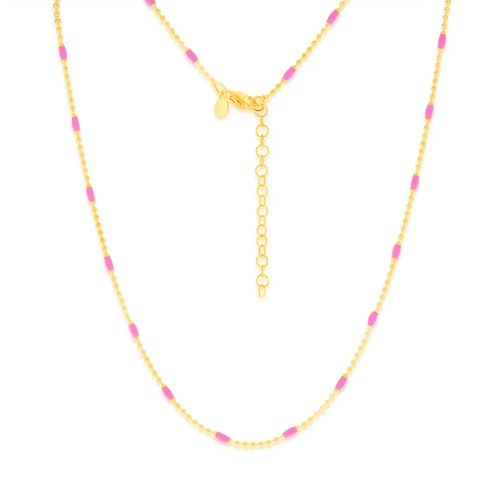 Sterling Silver Gold Plated Pink Enamel Bead 45cm Chain