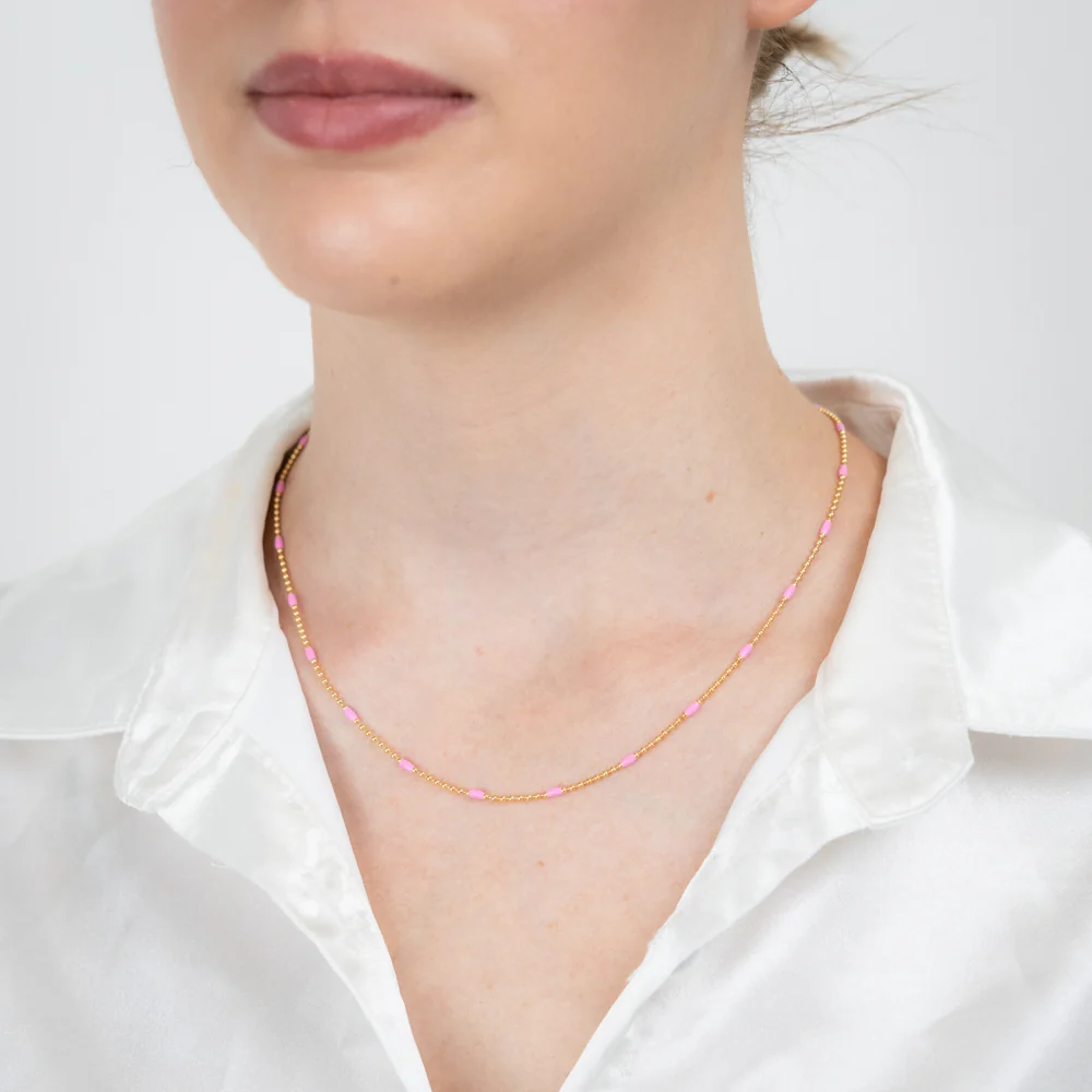 Sterling Silver Gold Plated Pink Enamel Bead 45cm Chain - Image 4