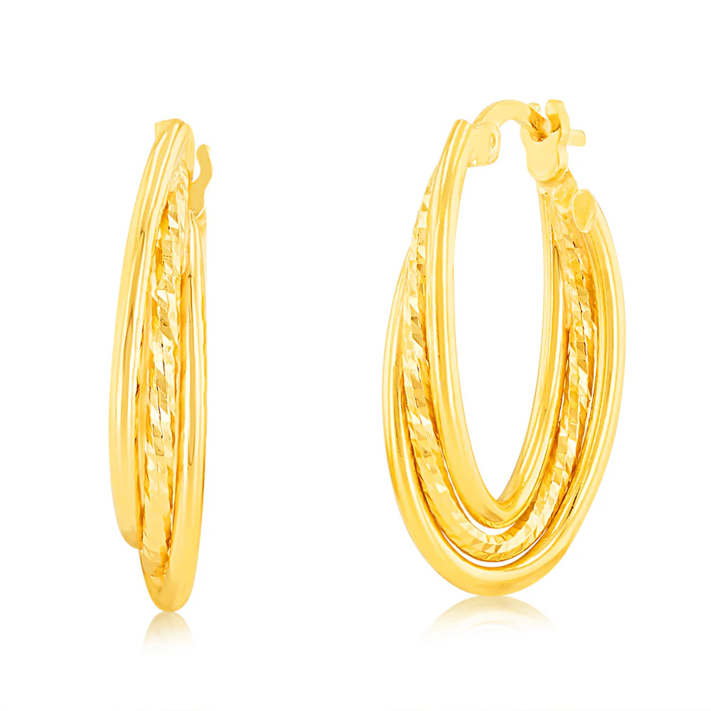 Sterling Silver Gold Plated Plain And Textured Elongated Hoop Earrings