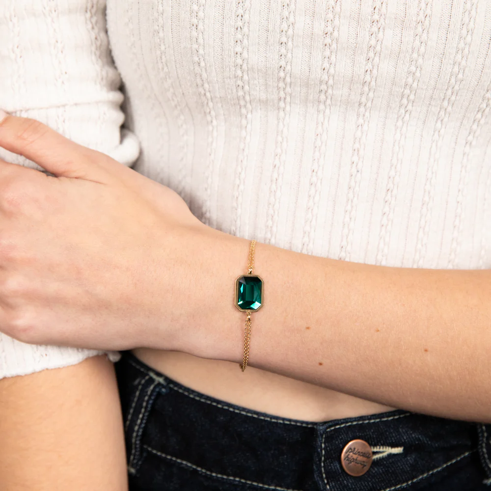 Sterling Silver Gold Plated Rectangle Emerald Green Crystal 16+3cm Bracelet - Image 3