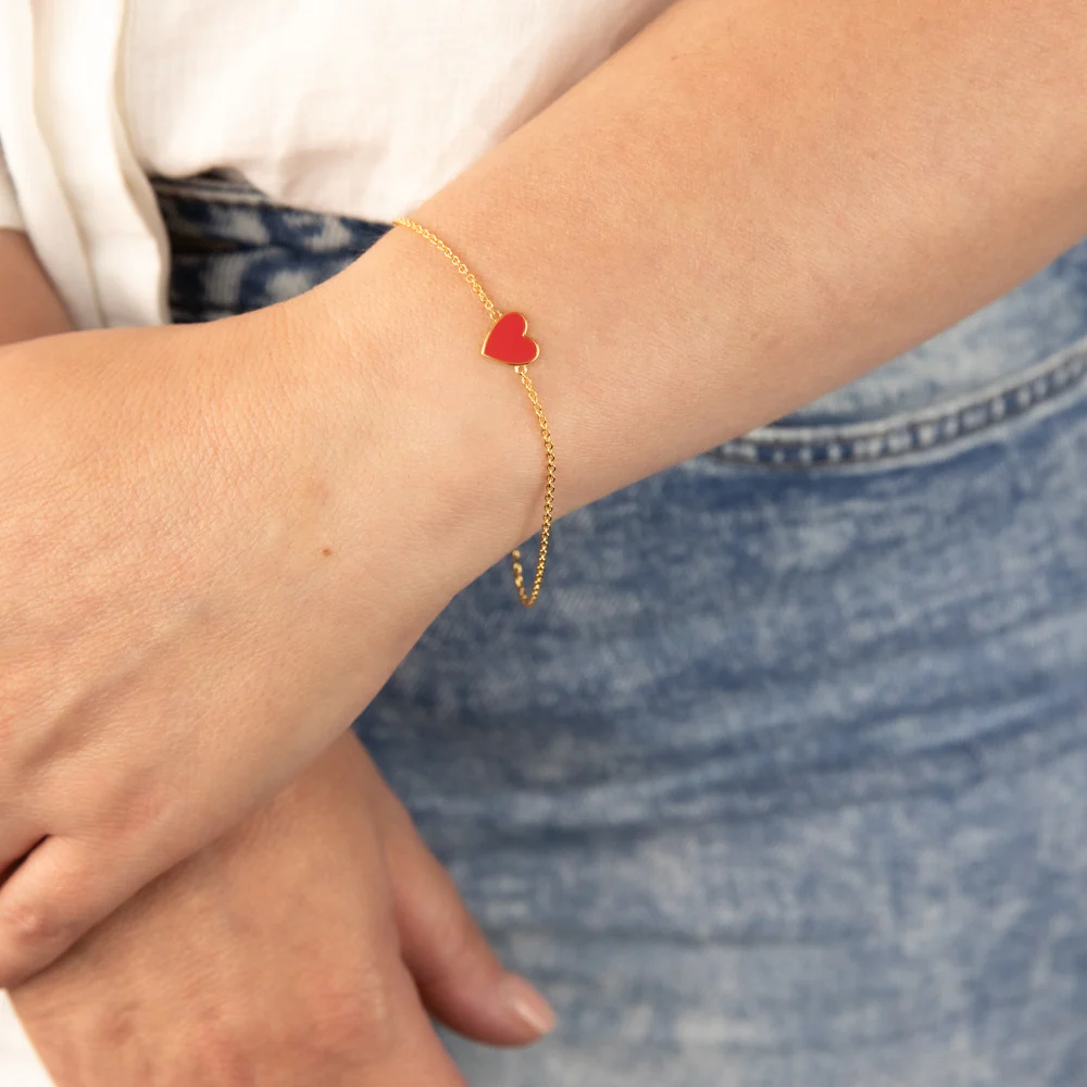 Sterling Silver Gold Plated Red Enamel Heart Charm 16+3cm Bracelet - Image 3