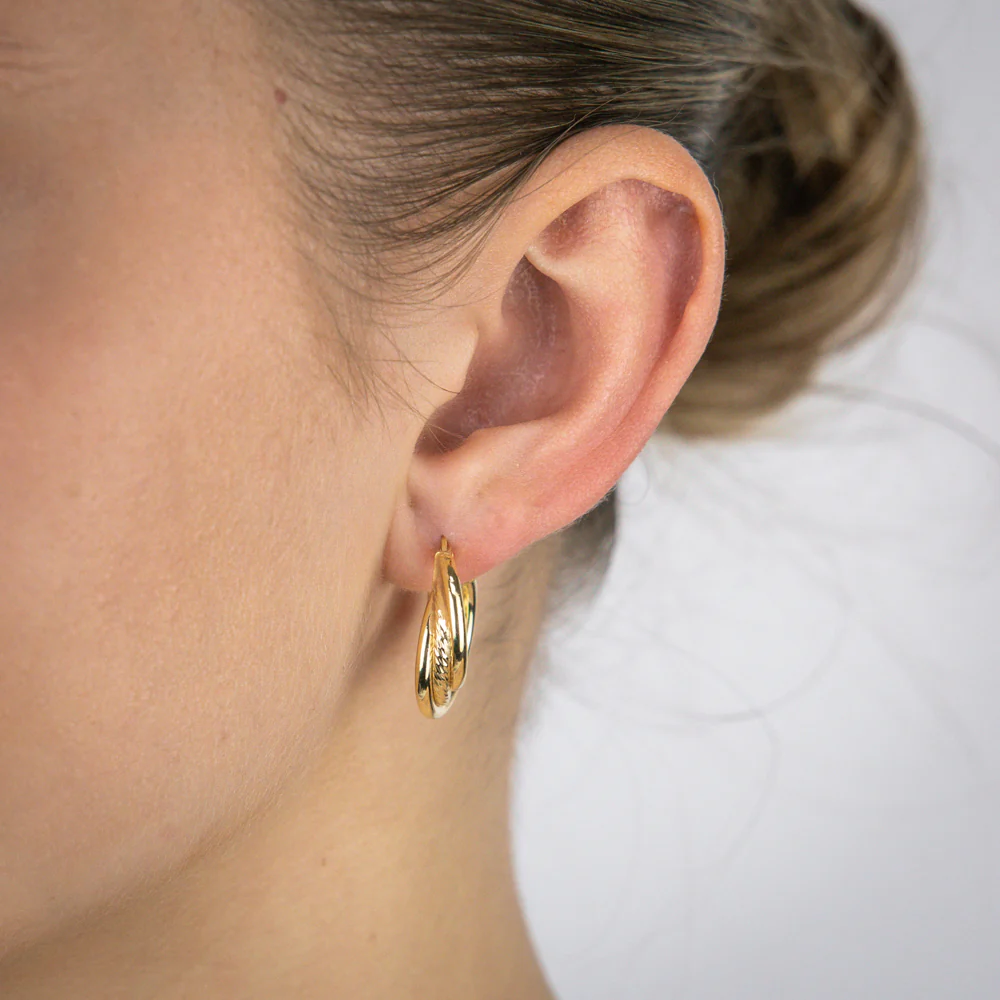 Sterling Silver Gold Plated Textured Plain Round Hoop Earrings - Image 2