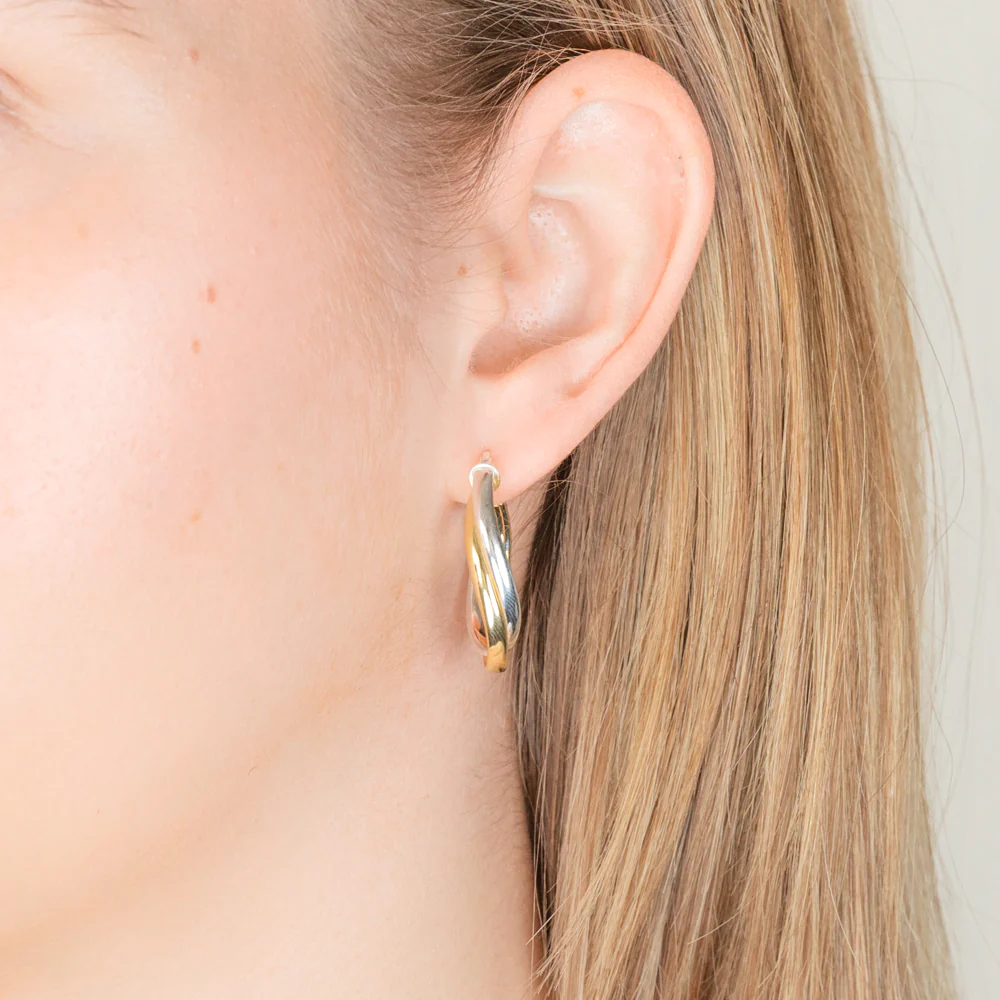 Sterling Silver Gold Plated Twisted Two Tone Hoop Earrings - Image 2