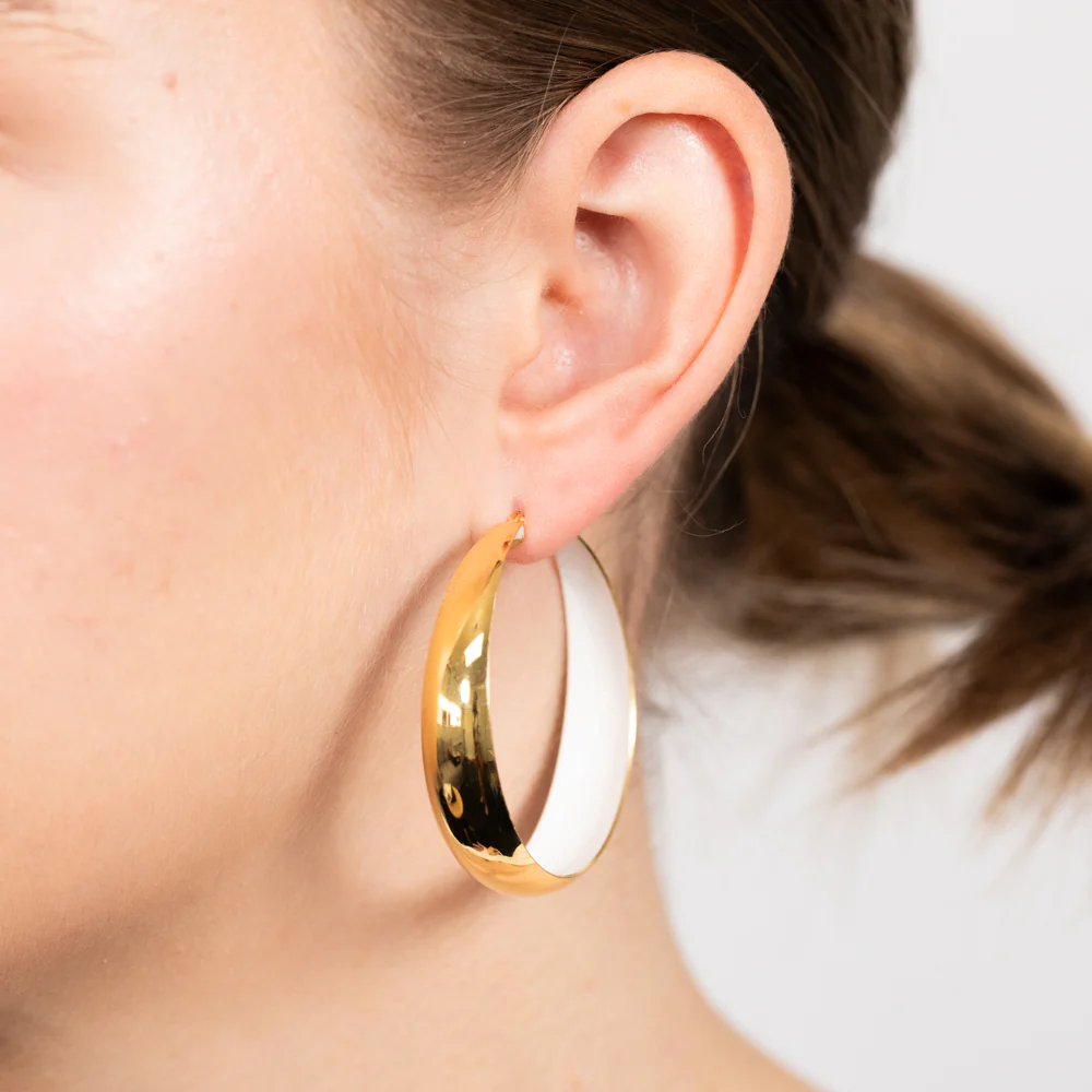 Sterling Silver Gold Plated White Enamel Inside 40mm Hoop Earrings - Image 2