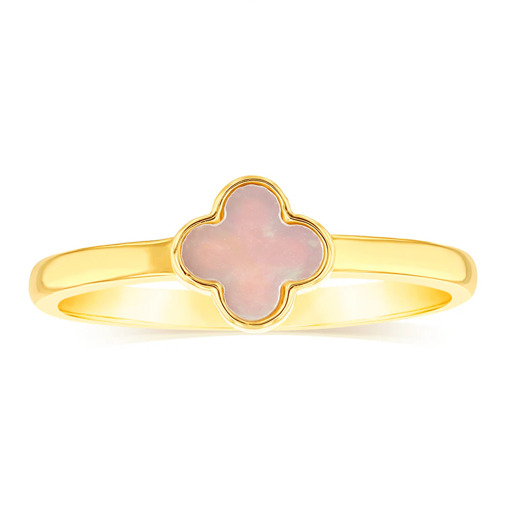 Sterling Silver Gold Plated White Shell Pearl Four Leaf Clover Ring