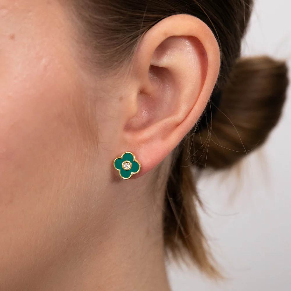 Sterling Silver Gold Plated Zirconia And Green Enamel Flower Stud Earrings - Image 2