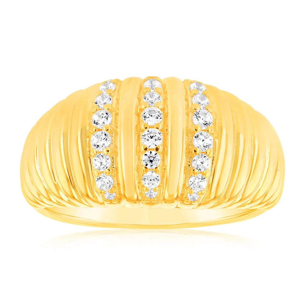Sterling Silver Gold Plated Zirconia Polished Ribbed Ring