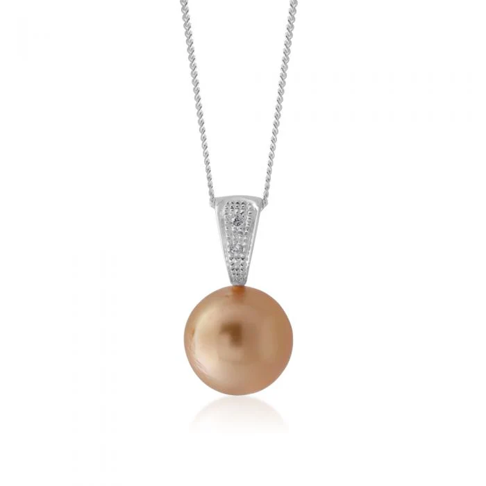 Sterling Silver Golden South Sea approx 10-12mm & Diamond Pendant