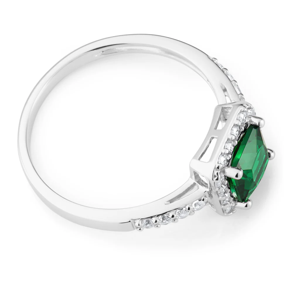 Sterling Silver Green and White Zirconia Cushion Cut Ring - Image 2