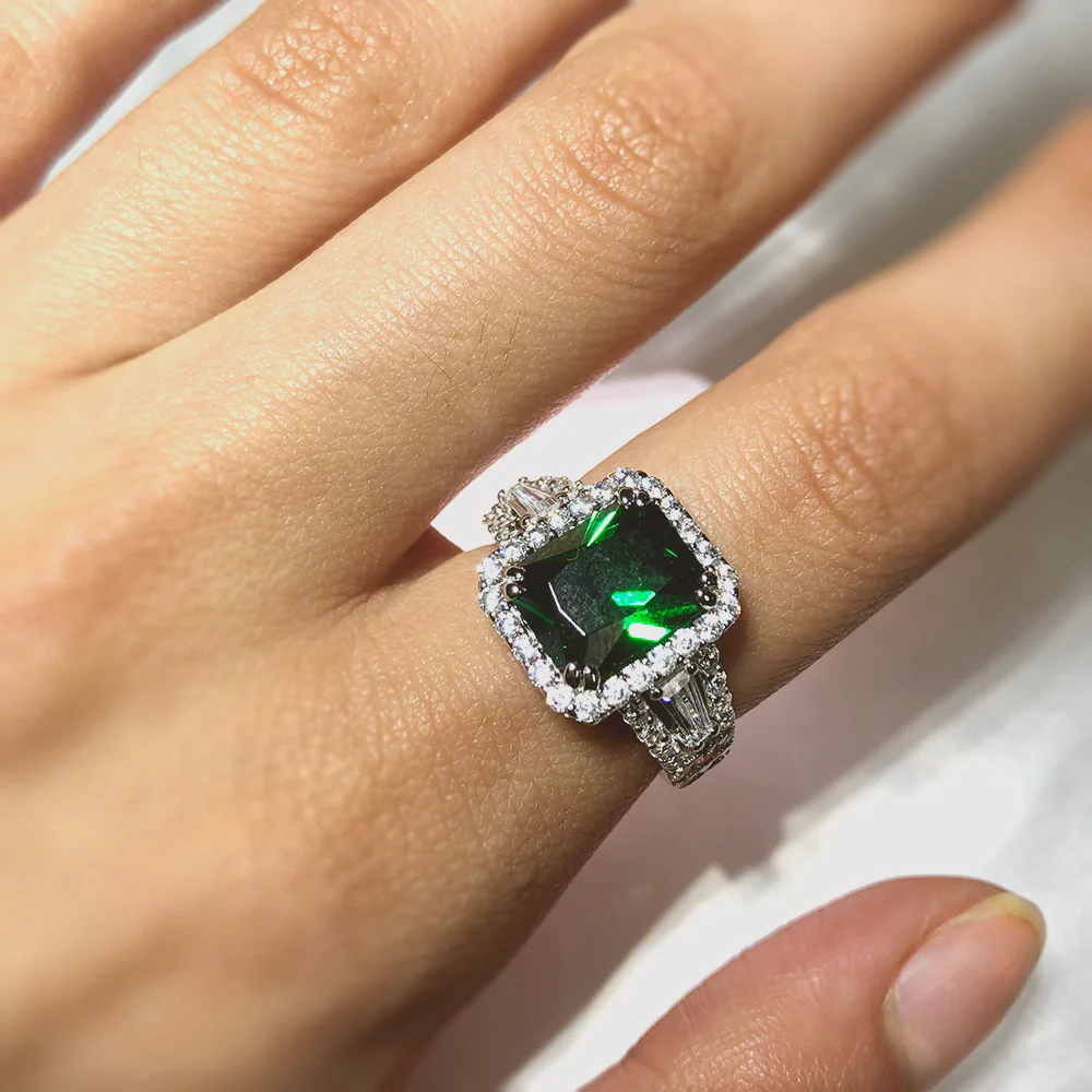 Sterling Silver Green and White Zirconia Halo Cushion Cut Ring - Image 3