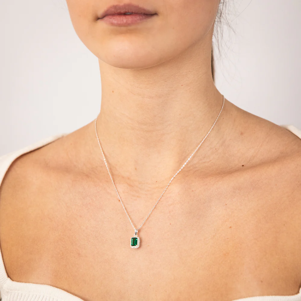 Sterling Silver Green White Zirconia Rectangle Pendant On Chain - Image 2