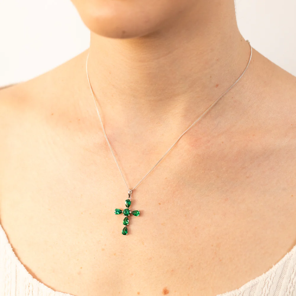 Sterling Silver Green Zirconia Cross Pendant - Image 2