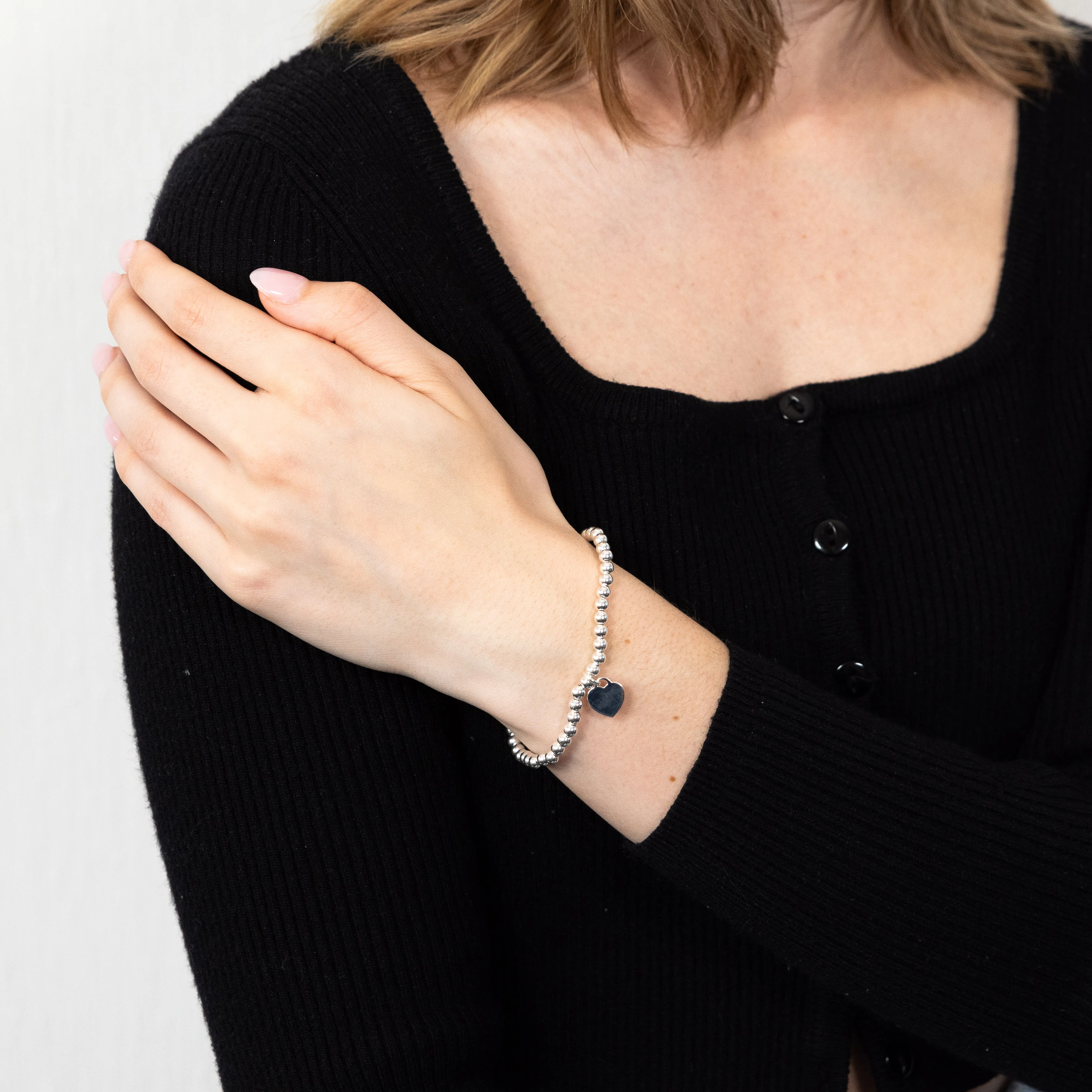 Sterling Silver Heart Charm Ball Stretch Bracelet - Image 2