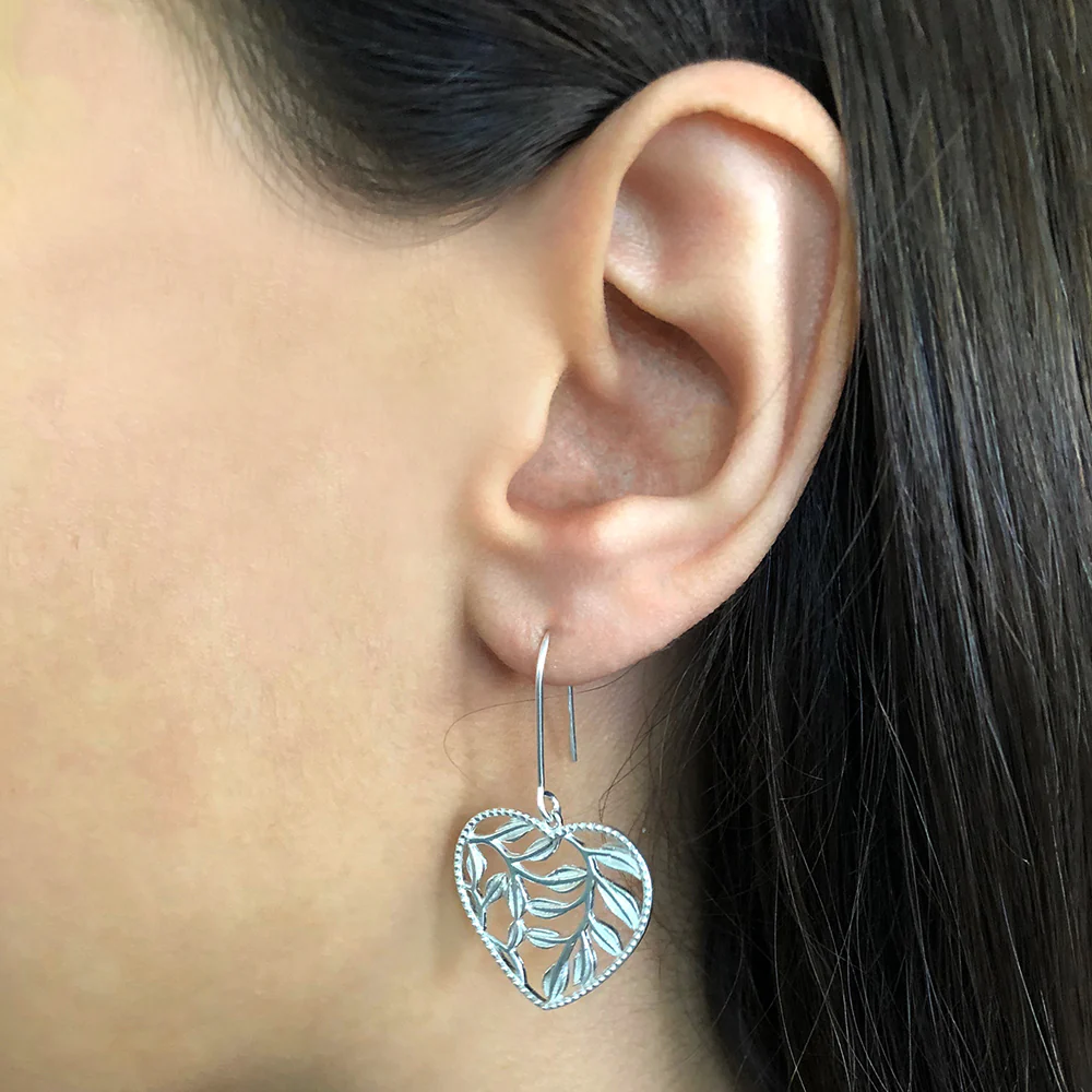 Sterling Silver Heart with Leaves Drop Earrings - Image 2