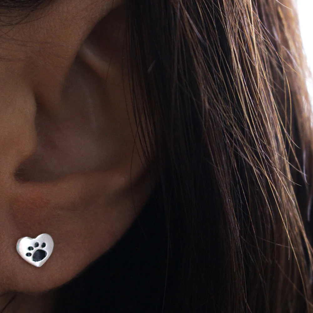 Sterling Silver Heart with Paw Print Stud Earrings - Image 2