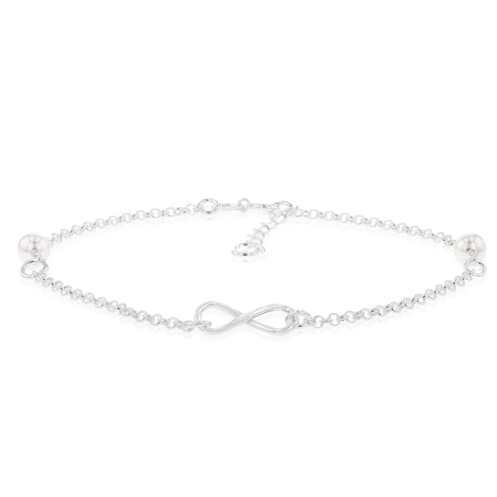 Sterling Silver Infinity And White Bead On 27cm Anklet