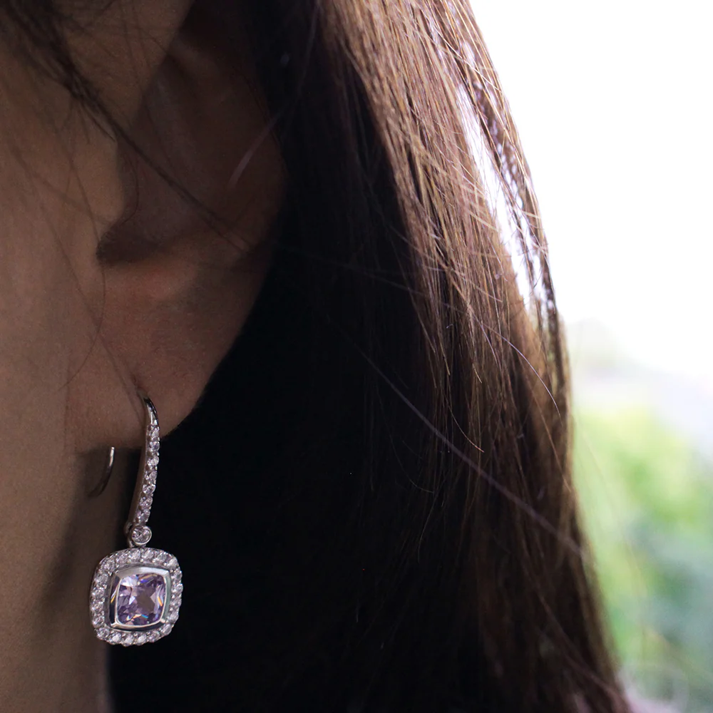 Sterling Silver Lavender and White Zirconia Sqaure Drop Earrings - Image 2