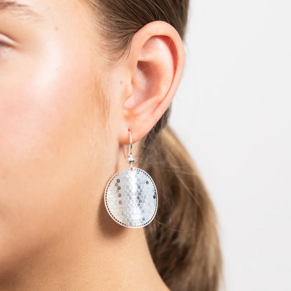 Sterling Silver Mosaic Pattern Disc hook Earrings - Image 2