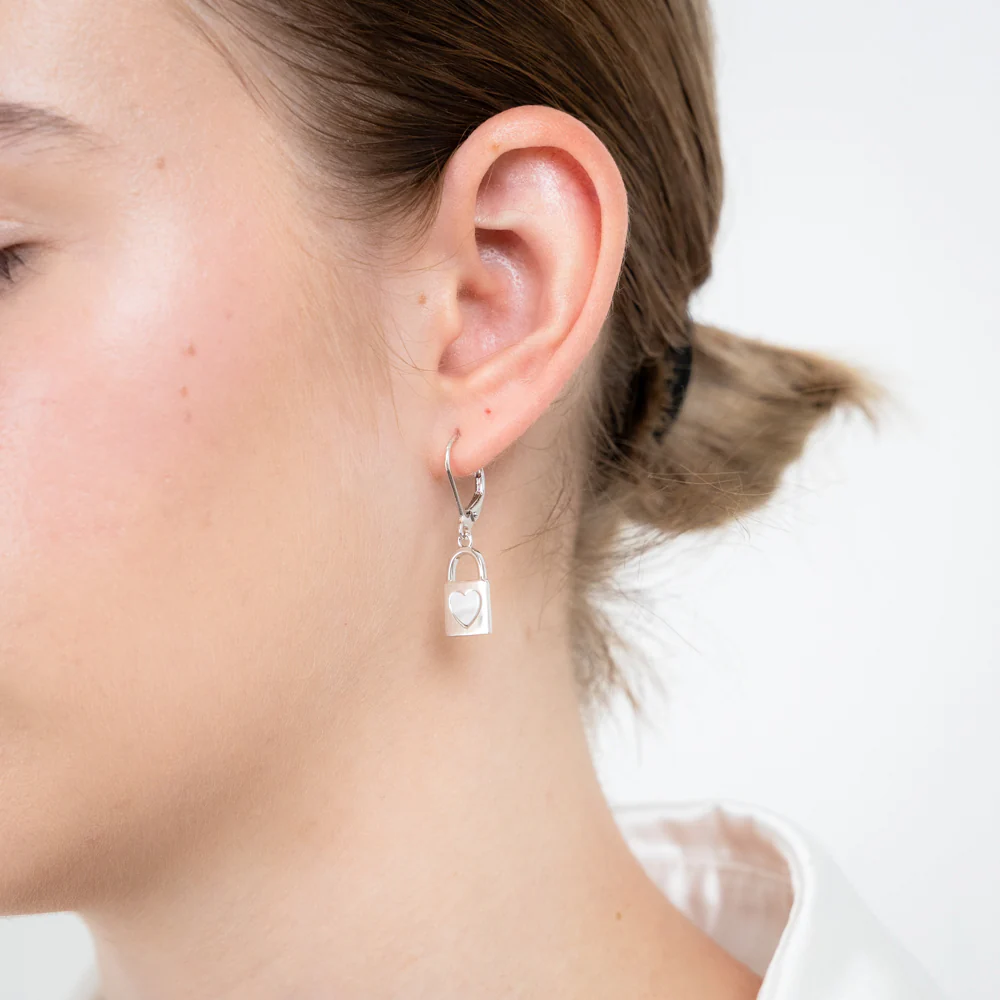 Sterling Silver Mother Of Pearl Lock And Key Hoop Earrings - Image 2
