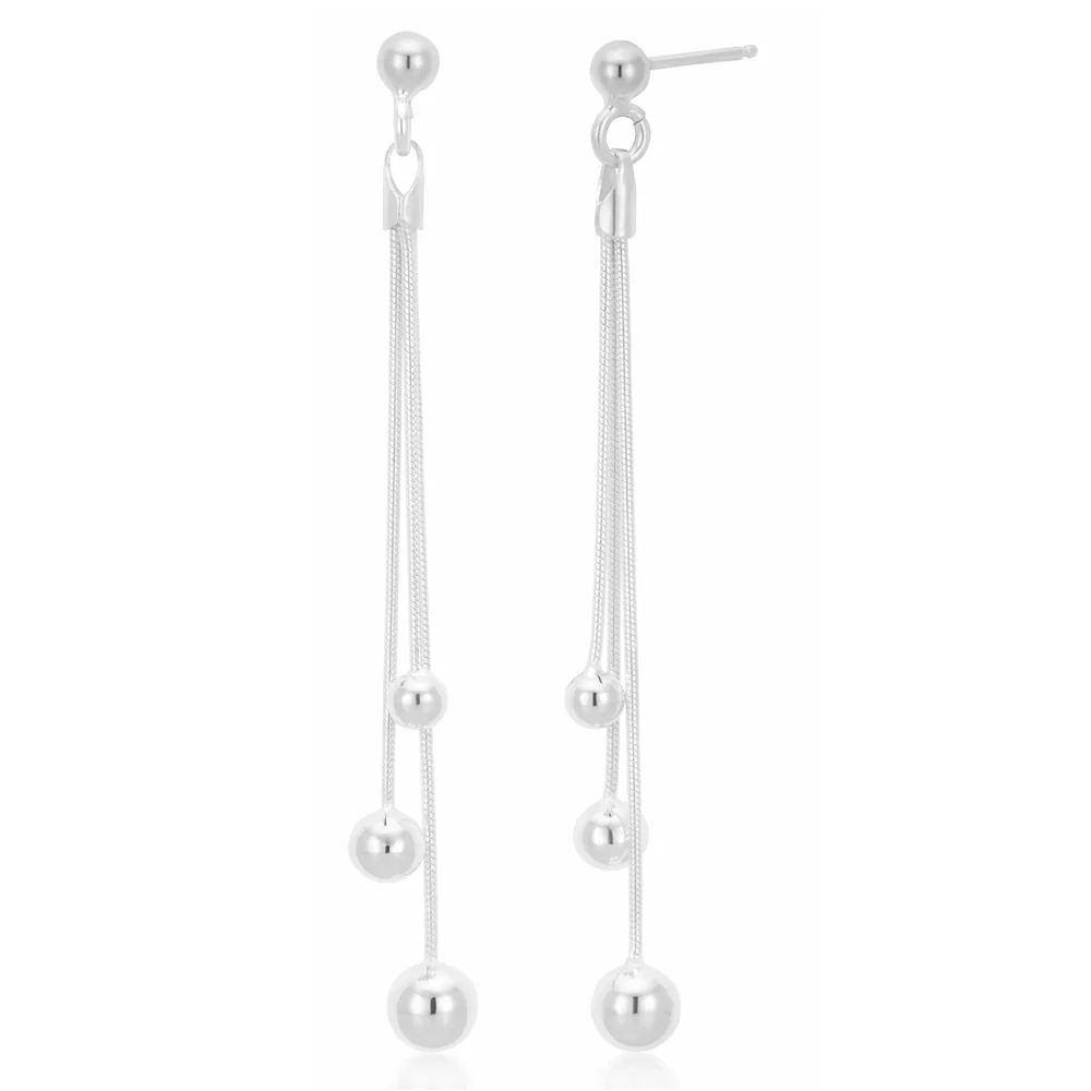 Sterling Silver Multi Snake Strand Triple Ball Drop Stud Earrings