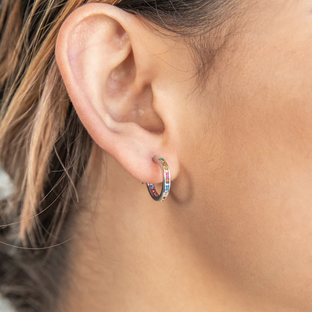Sterling Silver Multicolour Rainbow Cubic Zirconia 15mm Hoop Earrings - Image 2