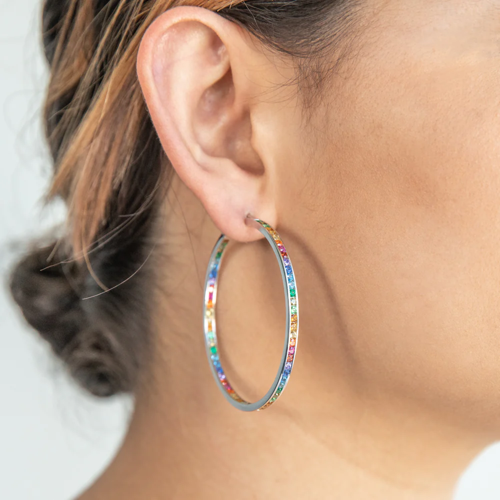Sterling Silver Multicolour Rainbow Cubic Zirconia 50mm Hoop Earrings - Image 2