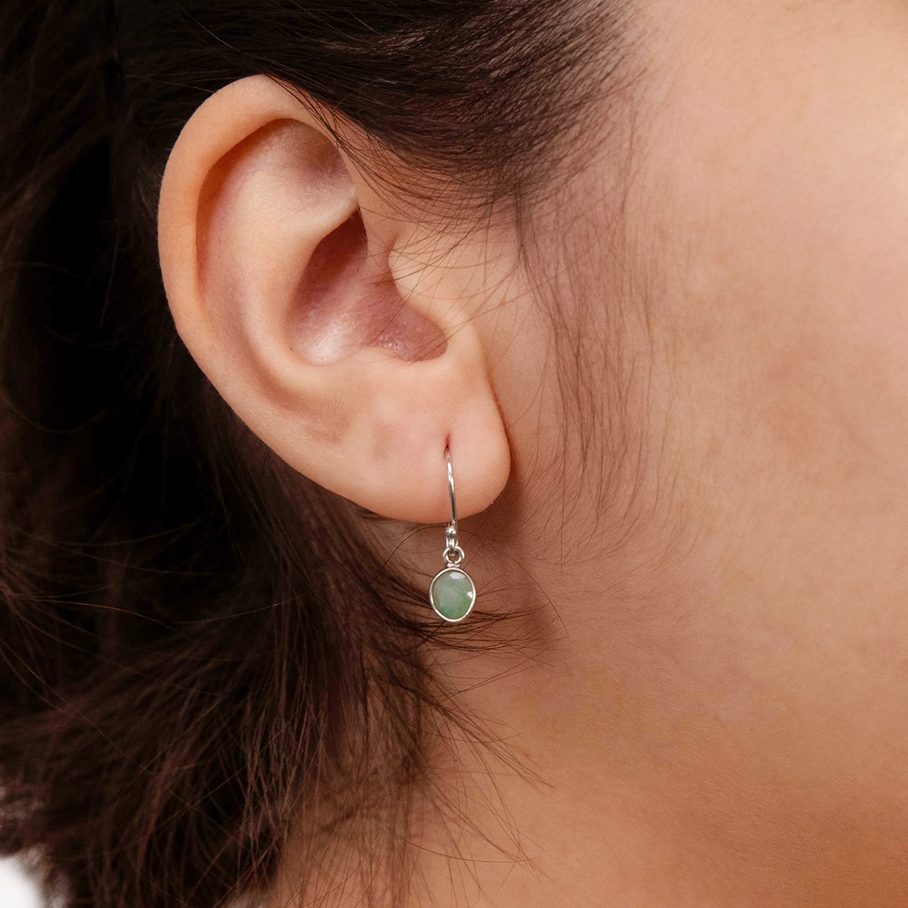 Sterling Silver Natural Emerald Oval Hook Drop Earrings - Image 2