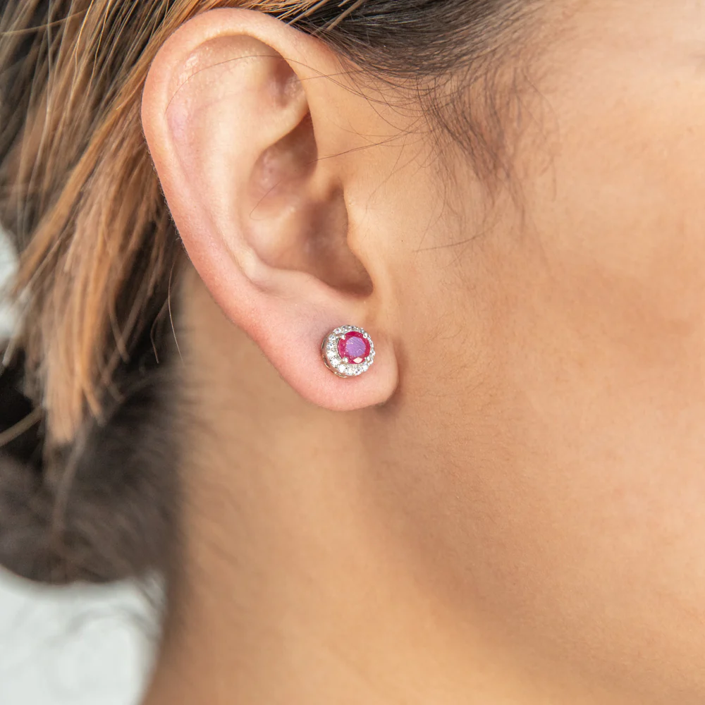 Sterling Silver Natural Enhanced Ruby and White Zircon Stud Earrings - Image 2