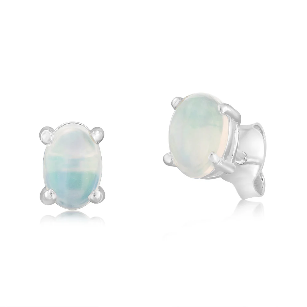 Sterling Silver Natural Opal Oval 4x6mm Stud Earrings