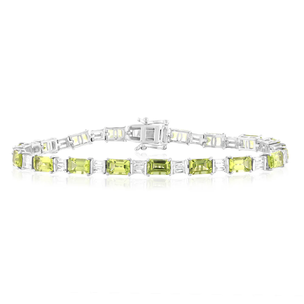 Sterling Silver Natural Peridot & White Topaz Bracelet 18CM