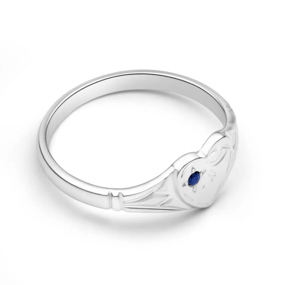 Sterling Silver Natural Sapphire Heart Signet Ring Size L - Image 2