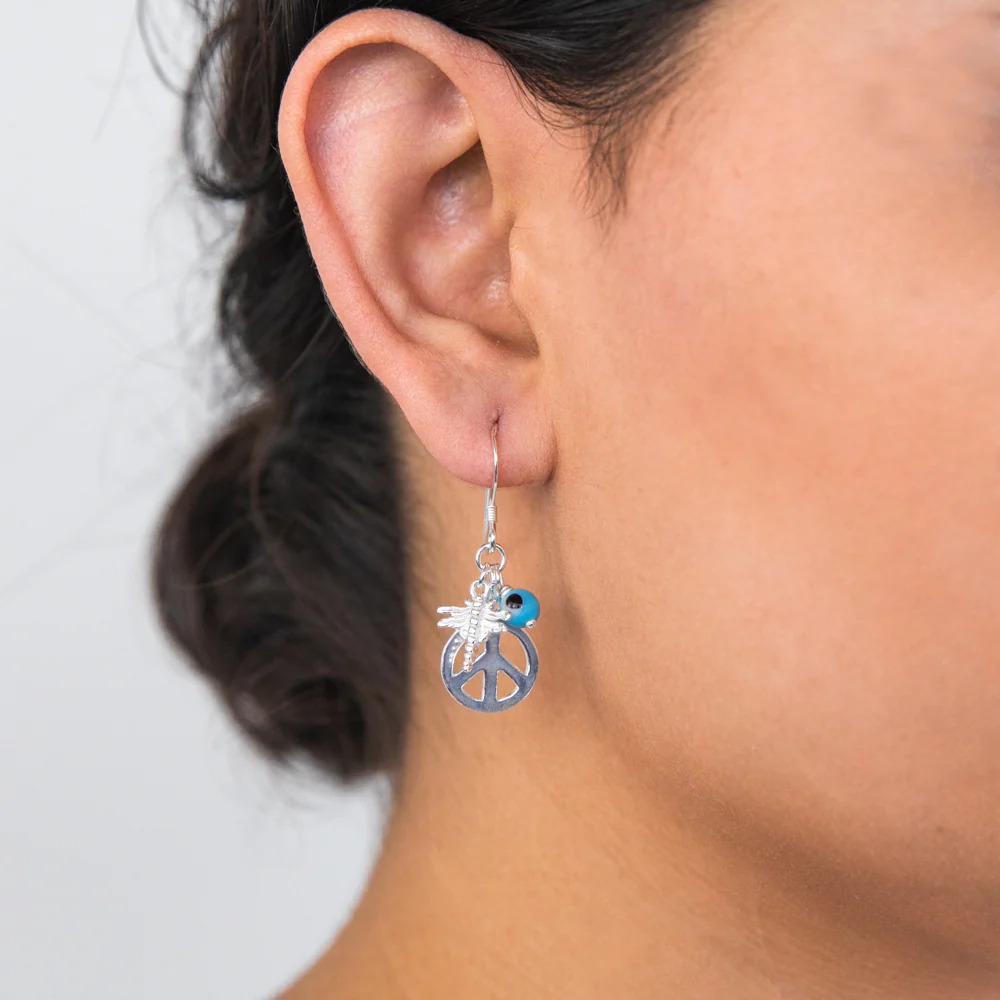 Sterling Silver Peace/Dragonfly/ Evil Eye Drop Earrings - Image 2