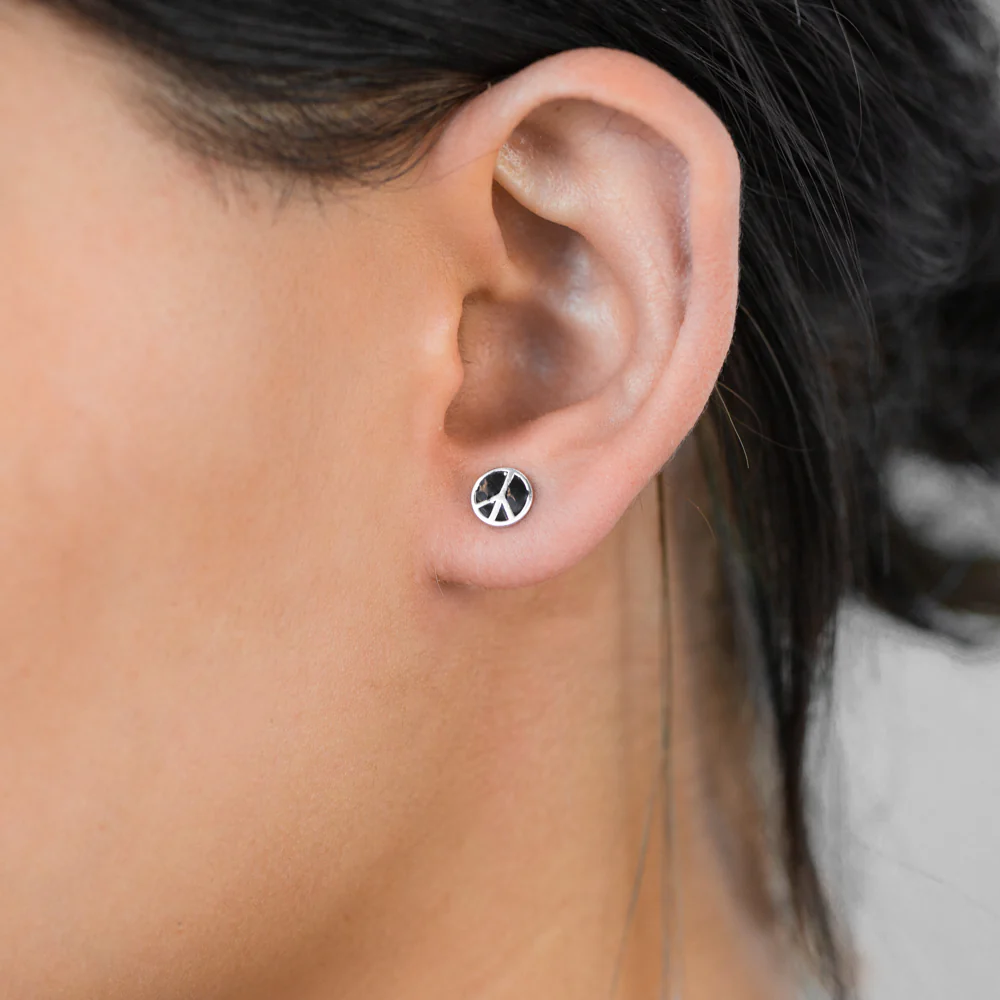 Sterling Silver Peace Sign Black Enamel Stud Earrings - Image 2