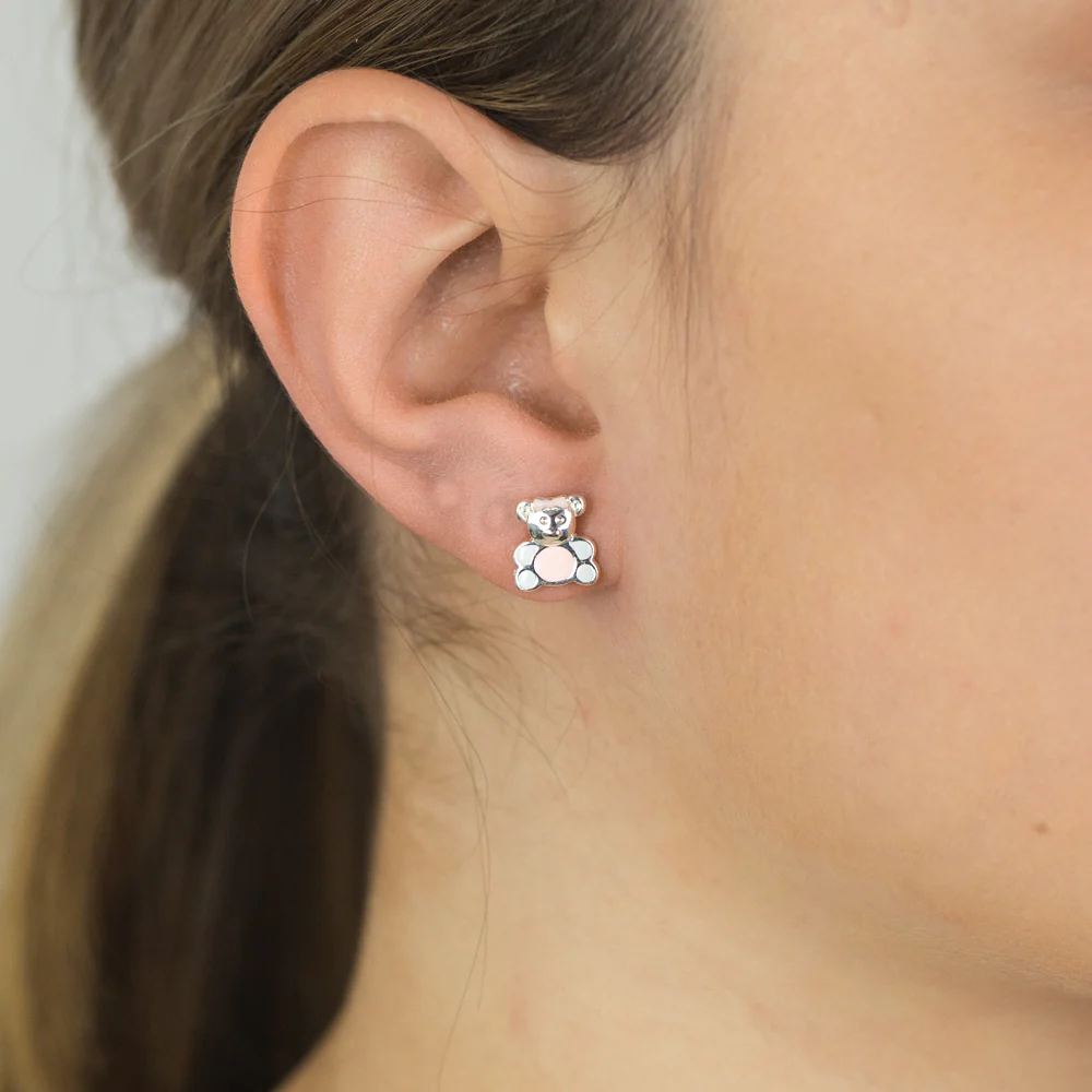 Sterling Silver Pink and White Enamel Teddy Bear Studs - Image 2