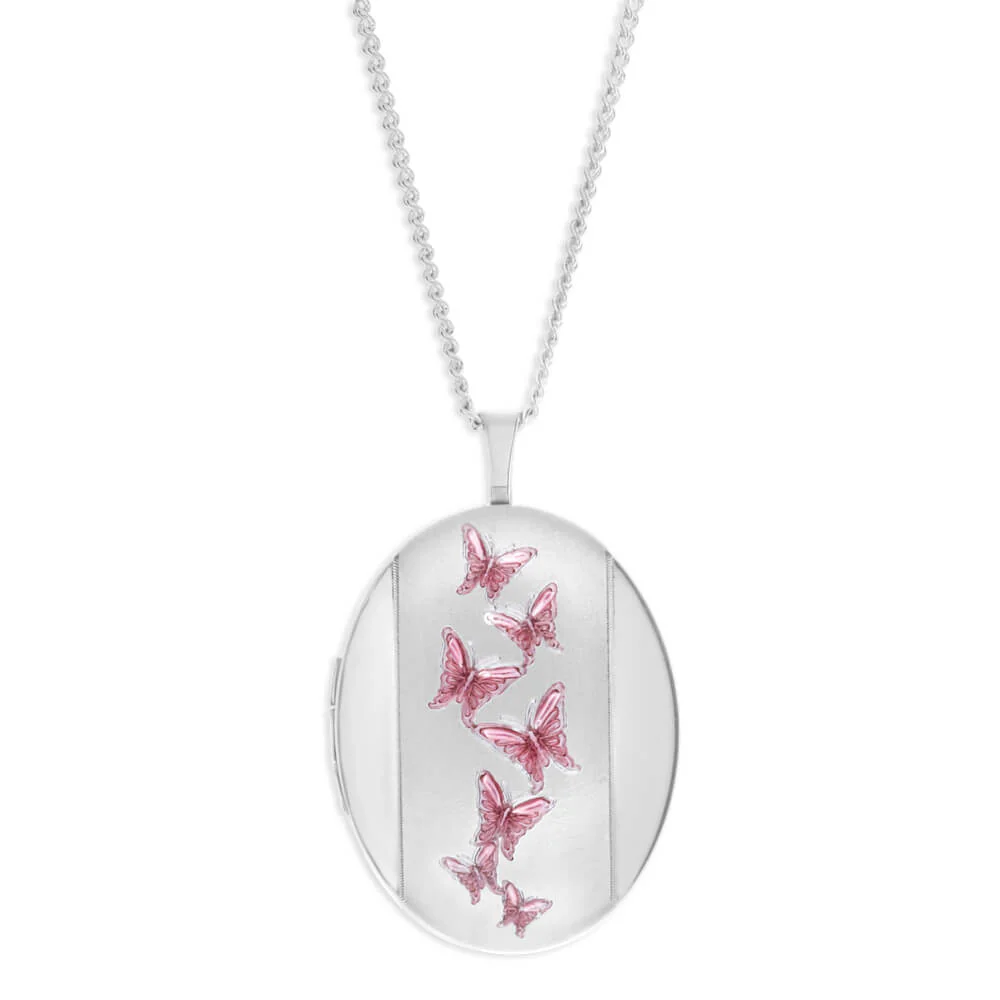 Sterling Silver Pink Butterfly Oval Locket 20mm
