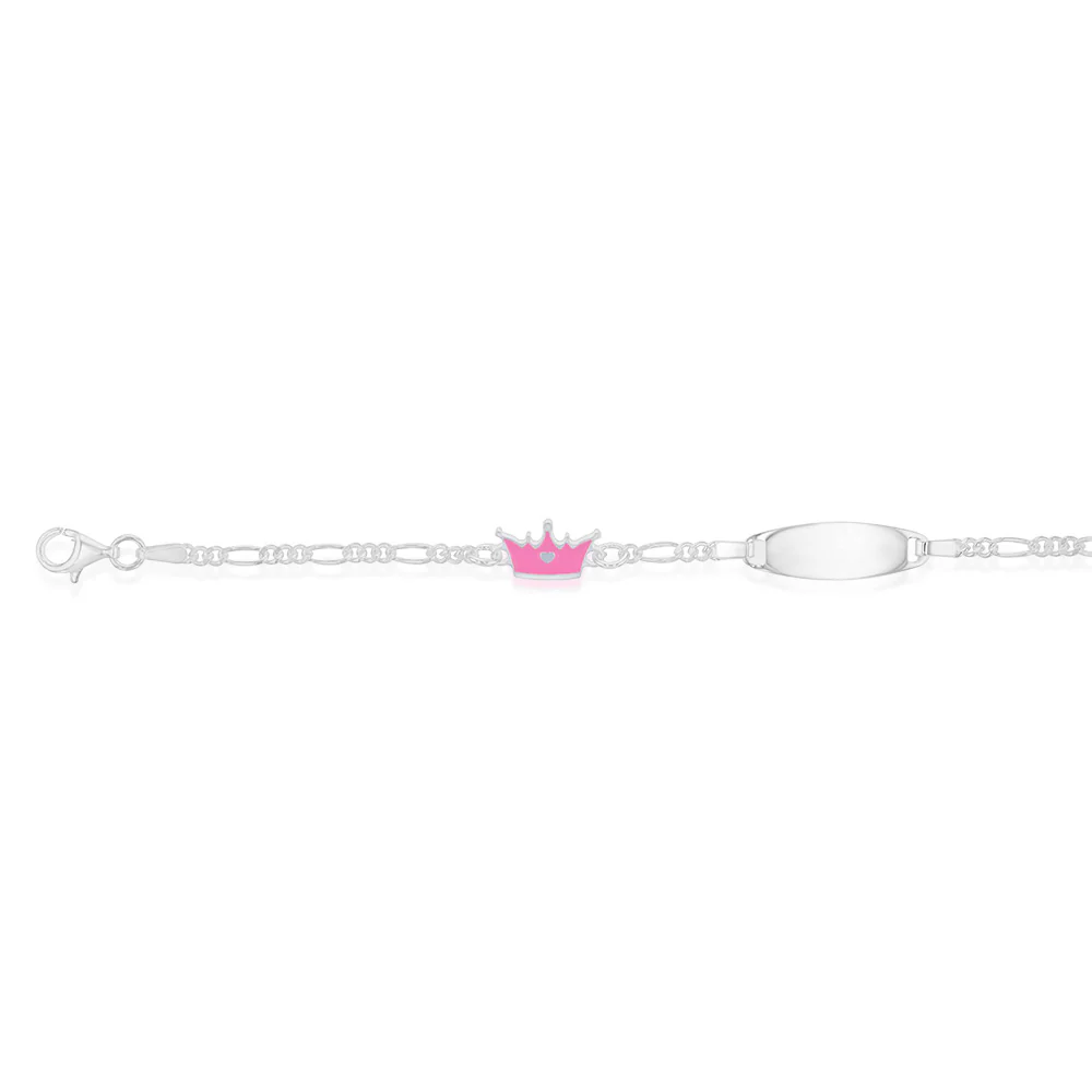 Sterling Silver Pink Crown On Figaro 16cm Baby ID Bracelet - Image 2