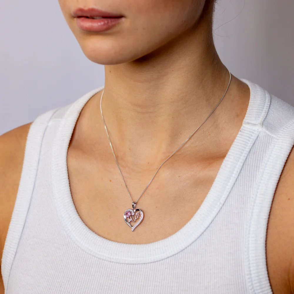 Sterling Silver Pink CZ 'Mum' Heart Pendant