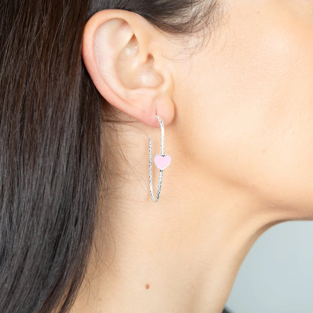 Sterling Silver Pink Enamel Heart Textured Open Hoop Earrings - Image 2