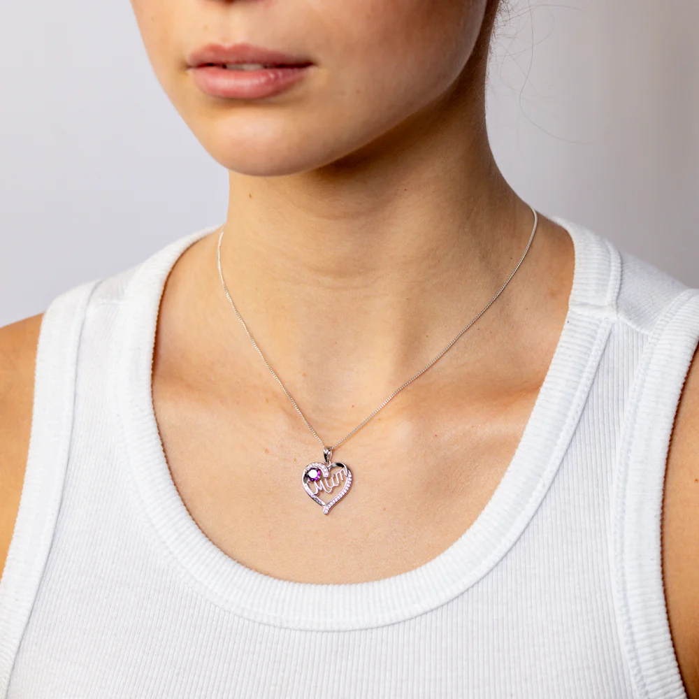 Sterling Silver Purple CZ 'Mum' Heart Pendant - Image 2